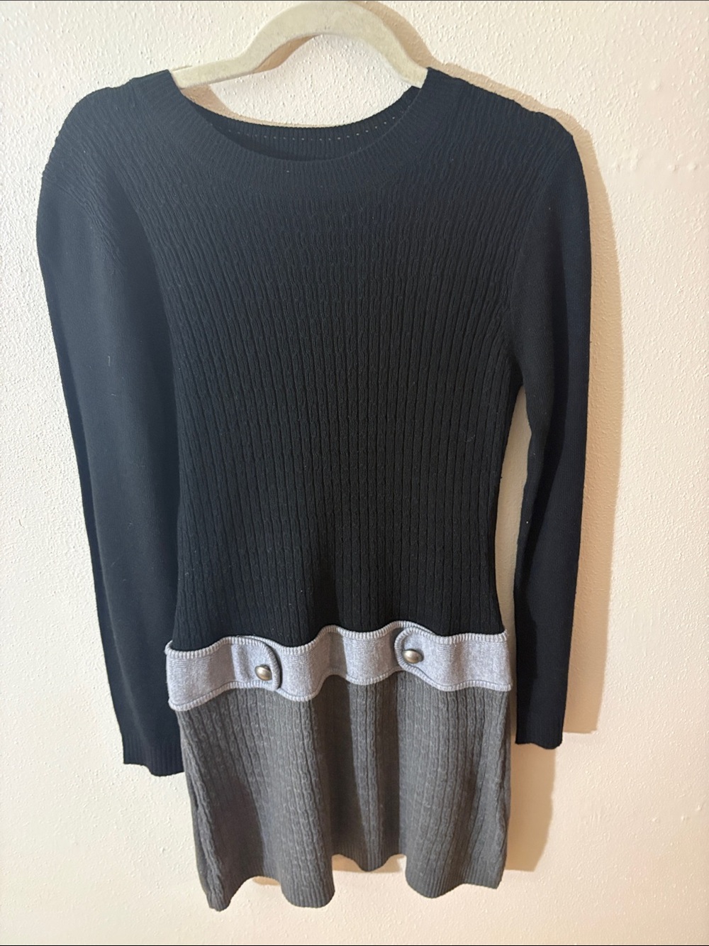 Iz Byer Black and Gray Long Sleeve Knit Dress with Button Trim